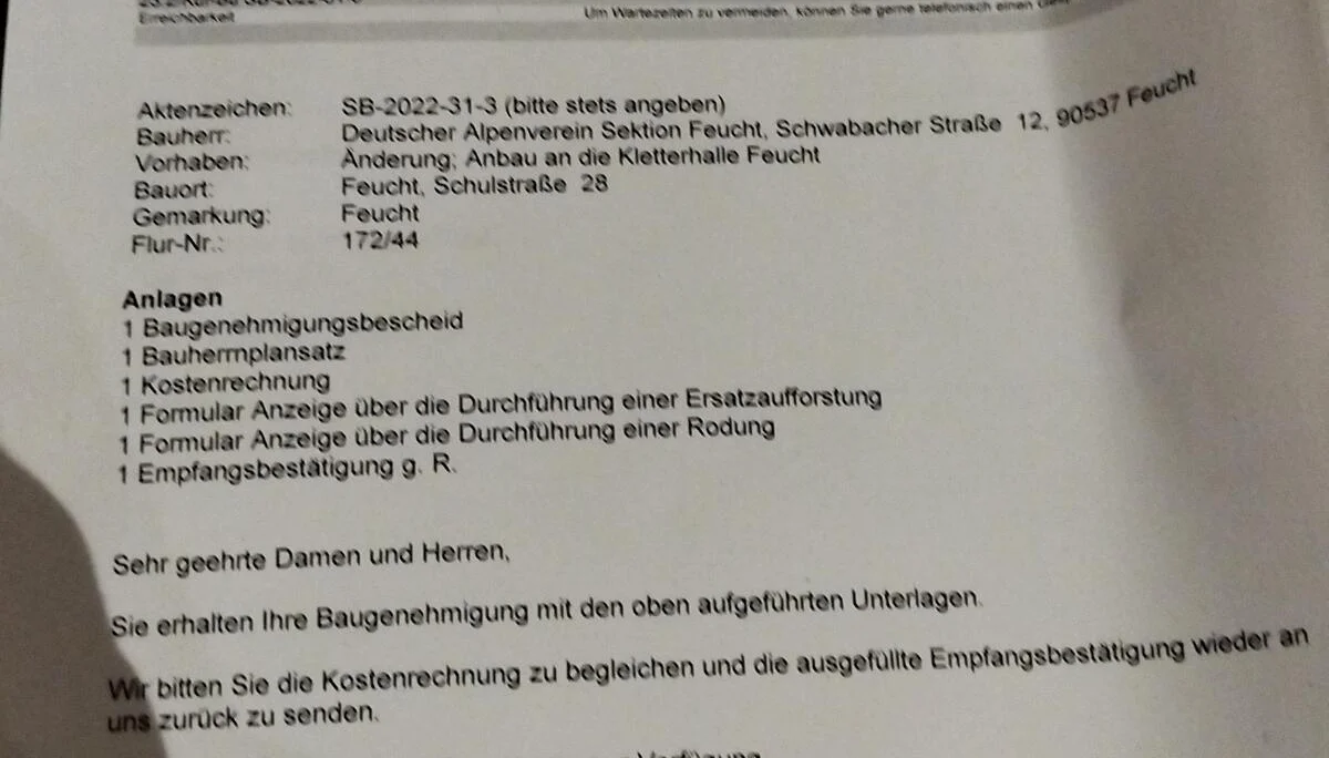 Foto von der Baugenehmigung | © Felix Salomon | DAV-Sektion Feucht